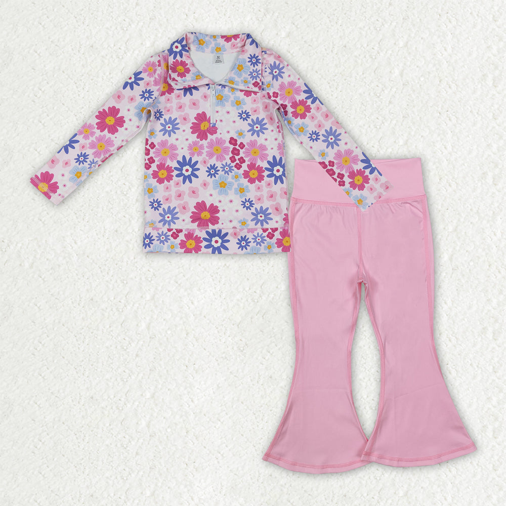 Baby Girls Daisy Flowers Zip Pullover Pink Bell Bottom Pants Yoga Active Clothes Sets