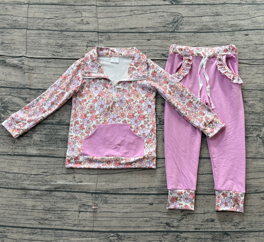Baby Girls Colorful Flowers Zip Pocket Pullovers Jogger Pants Clothes Sets