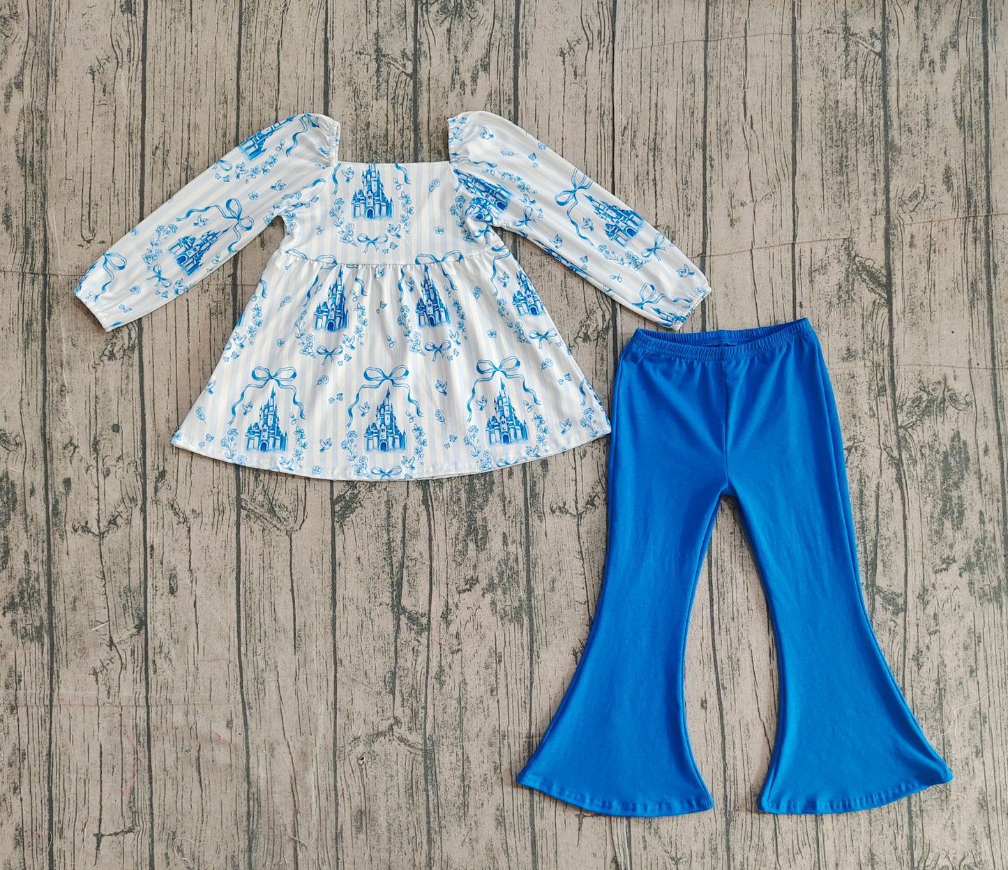 Baby Girls Blue Stripe Bows Castles Tunic Bell Bottom Pants Clothes Sets Preorder