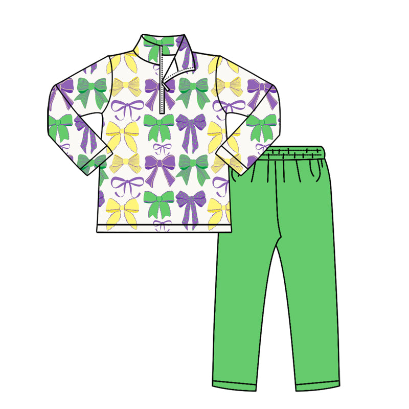 Baby Girls Mardigras Bows Plaid Zipper Pullover Leggings Clothes Sets Preorder
