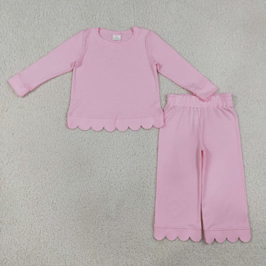 Baby Girls Light Pink Long Sleeve Top Pants Scallop Pajamas Clothes Sets