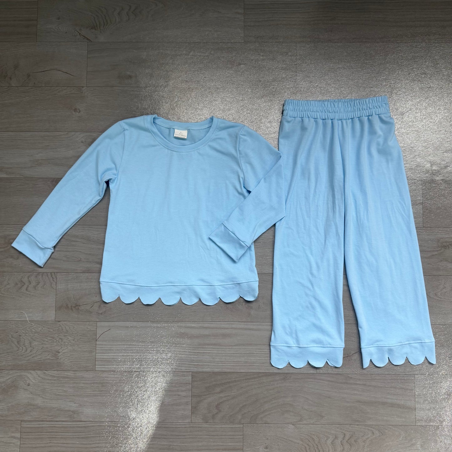 Baby Girls Light Blue Long Sleeve Top Pants Scallop Pajamas Clothes Sets
