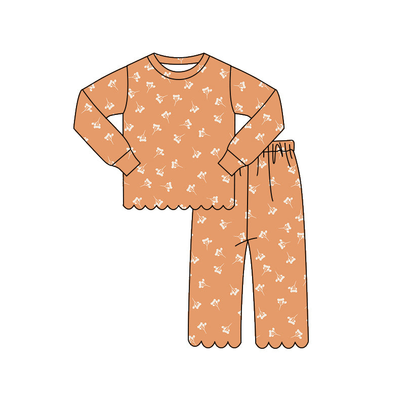 Baby Girls Long Sleeve Orange Flowers Top Pants Scallop Pajamas Clothes Sets Preorder
