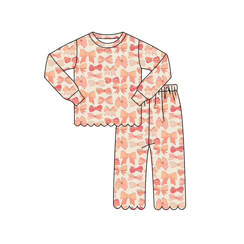 Baby Girls Long Sleeve Bows Plaid Top Pants Scallop Pajamas Clothes Sets Preorder