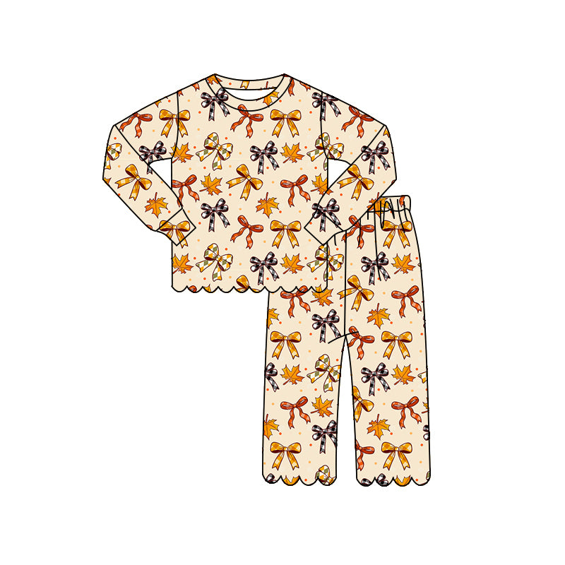 Baby Girls Long Sleeve Bows Leaves Top Pants Scallop Pajamas Clothes Sets Preorder