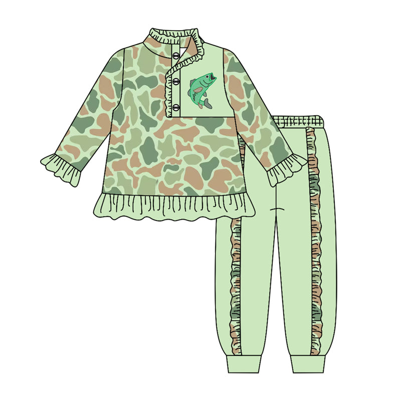 Baby Girls Green Camo Fish Button Ruffle Pullover Top Jogger Hunting Clothes Sets Preorder