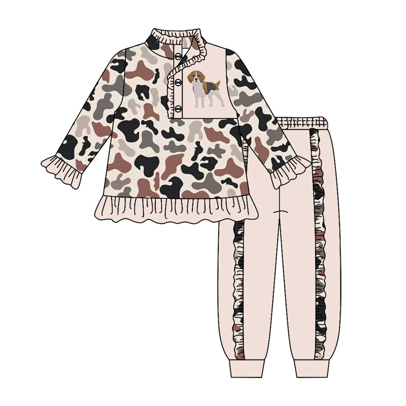 Baby Girls Black Camo Dog Button Ruffle Pullover Top Jogger Hunting Clothes Sets Preorder