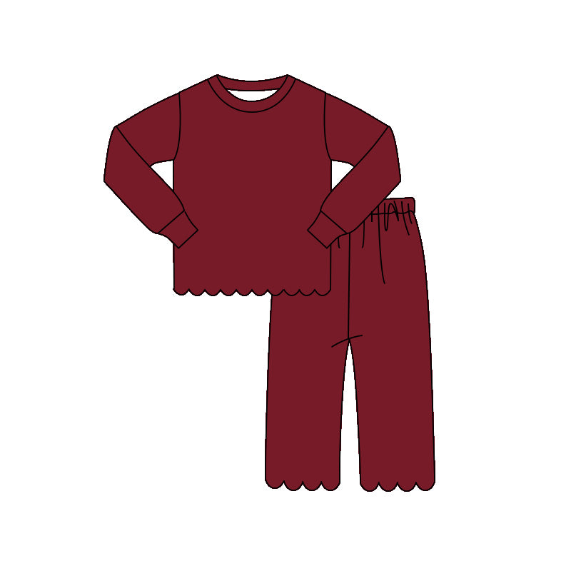 Baby Girls Dark Red Long Sleeve Top Pant Scallop Pajamas Clothes Sets Preorder