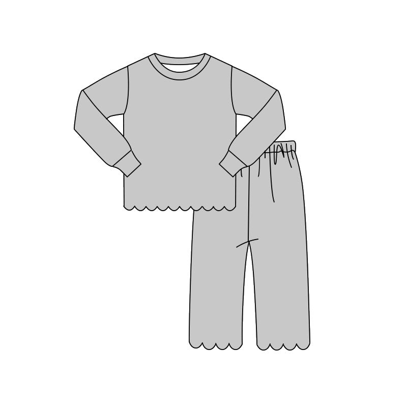 Baby Girls Gray Long Sleeve Top Pant Scallop Pajamas Clothes Sets Preorder