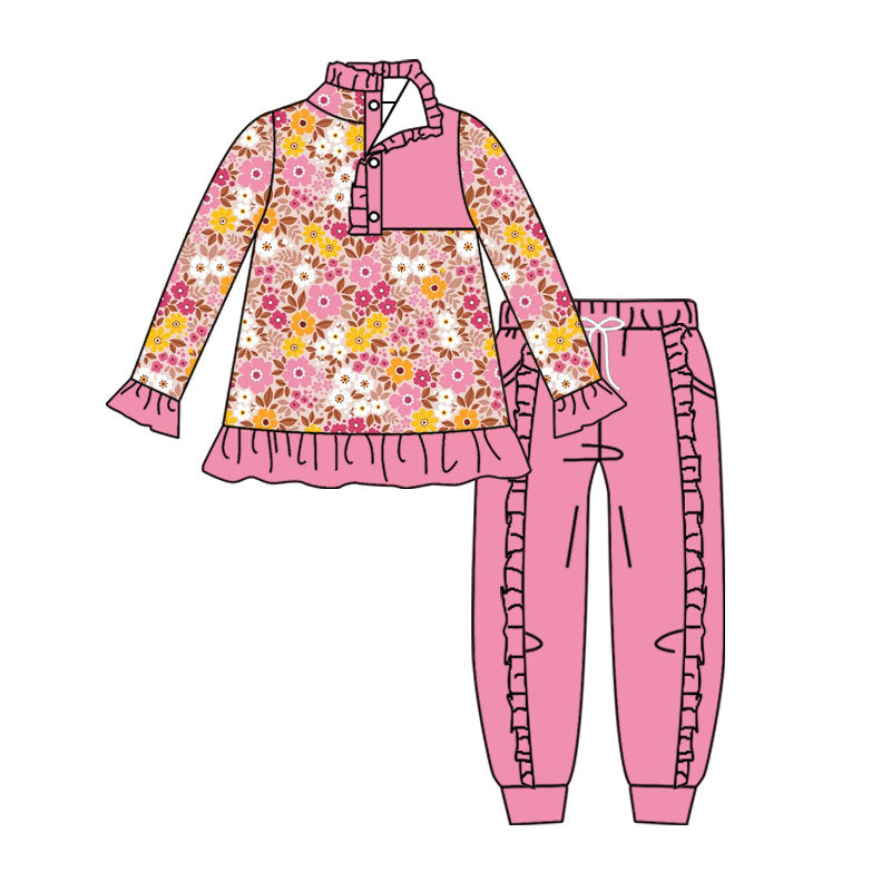 Baby Girls Colorful Flowers Button Ruffle Pullover Top Jogger Hunting Clothes Sets Preorder