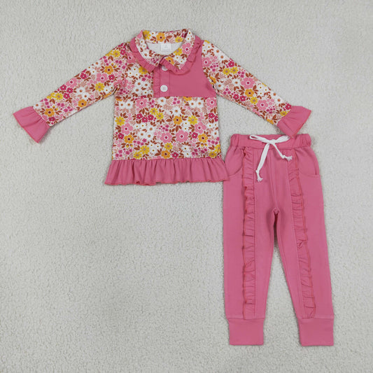 Baby Girls Colorful Flowers Button Ruffle Pullover Top Jogger Hunting Clothes Sets