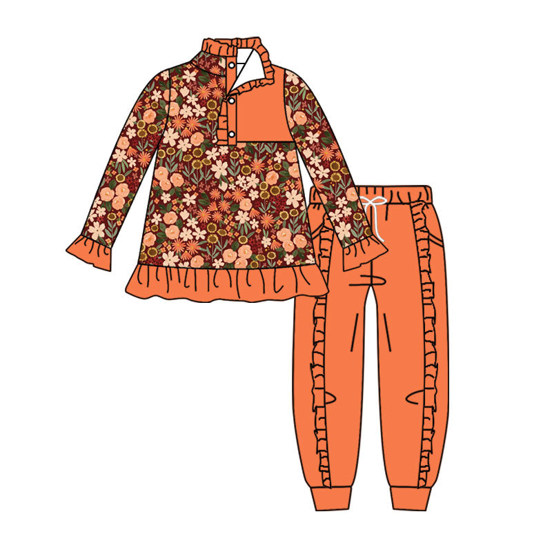 Baby Girls Colorful Flowers Button Ruffle Pullover Top Jogger Hunting Clothes Sets Preorder