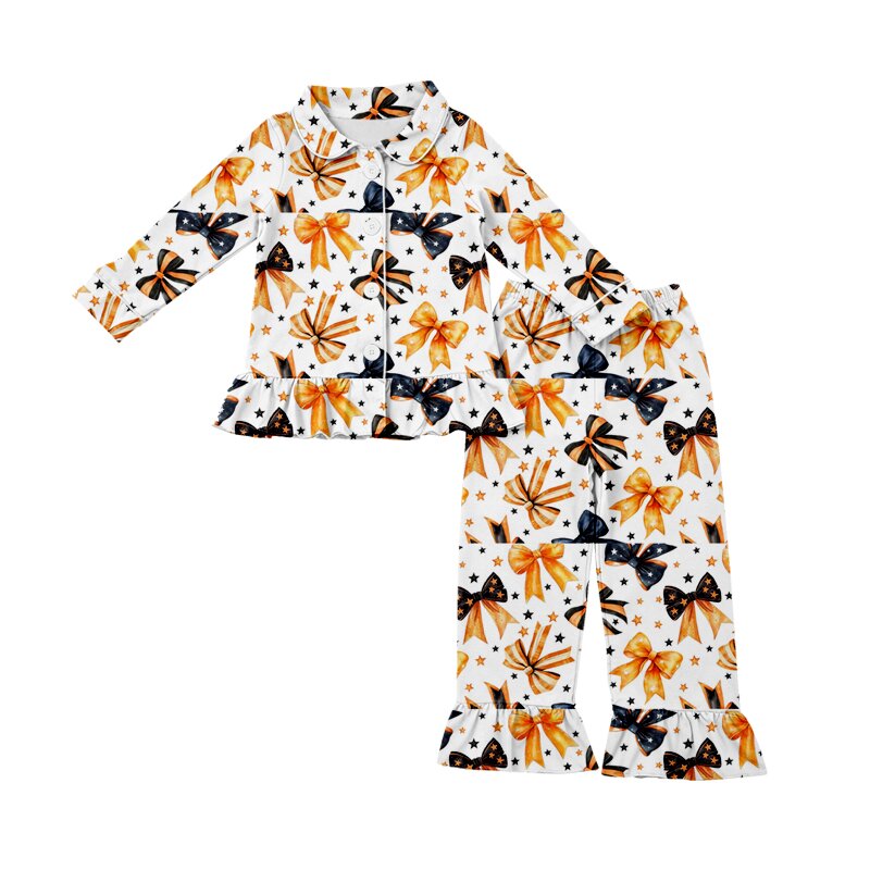 Baby Girls Black Orange Bows Stars Button Top Ruffle Pant Pajamas Sets Preorder