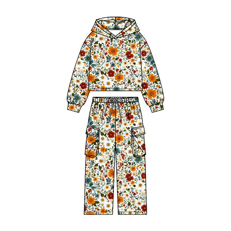 Baby Girls Colorful Flowers Hoodies Pockets Straight Bottom Pant Clothes Sets Preorder