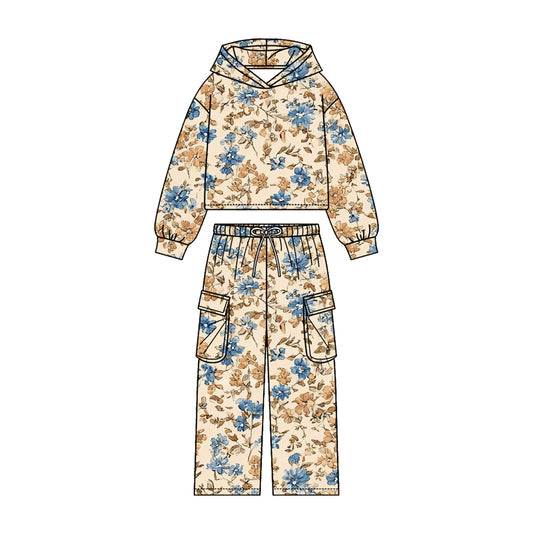 Baby Girls Colorful Flowers Hoodies Pockets Straight Bottom Pant Clothes Sets Preorder