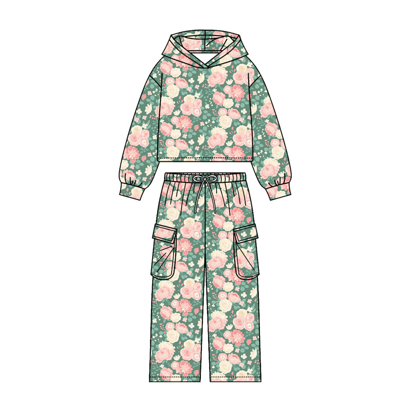 Baby Girls Colorful Flowers Hoodies Pockets Straight Bottom Pant Clothes Sets Preorder