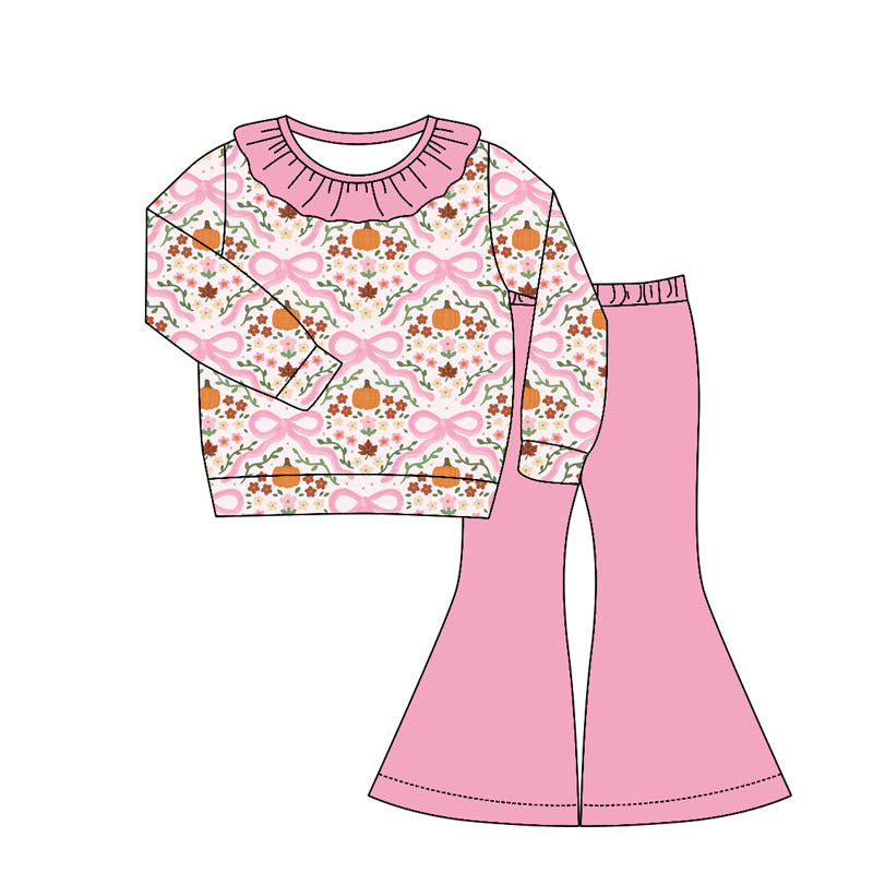 Baby Girls Bows Flowers Pumpkins Top Bell Bottom Pant Fall Clothes Sets Preorder