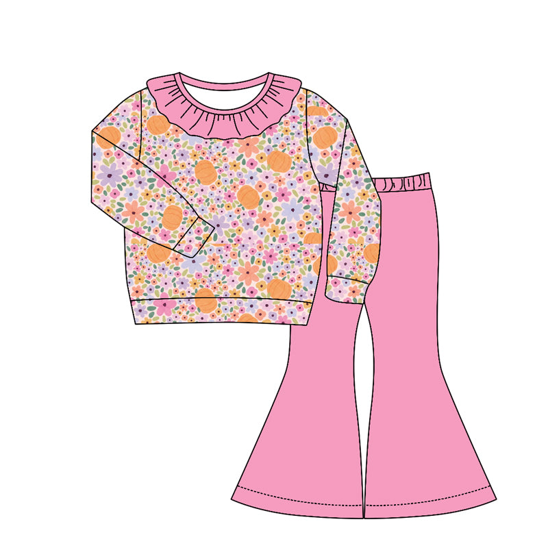 Baby Girls Colorful Flowers Pumpkins Top Bell Bottom Pant Clothes Sets Preorder