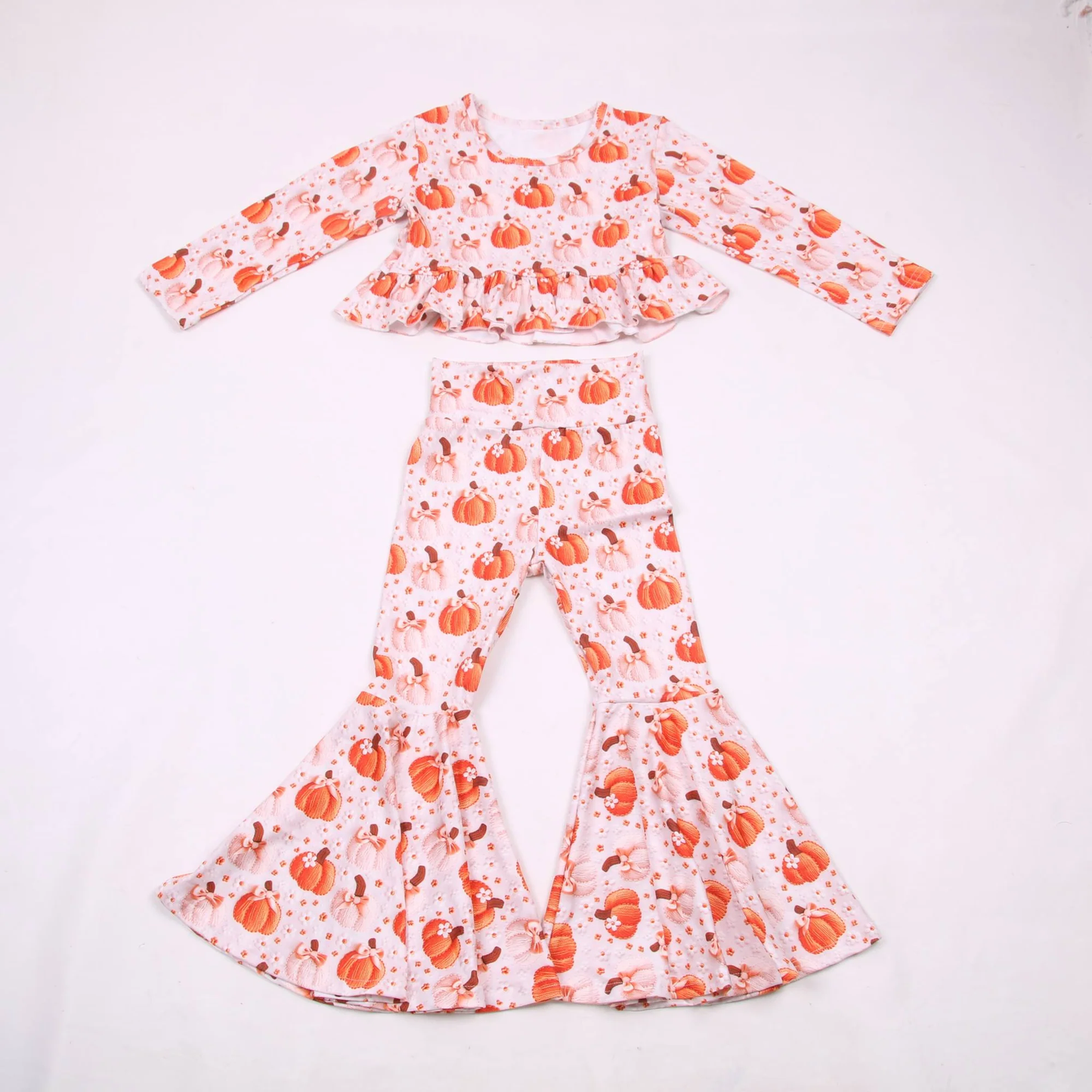Baby Girls Flowers Pumpkins Ruffle Top Bell Bottom Pant Fall Clothes Sets Preorder