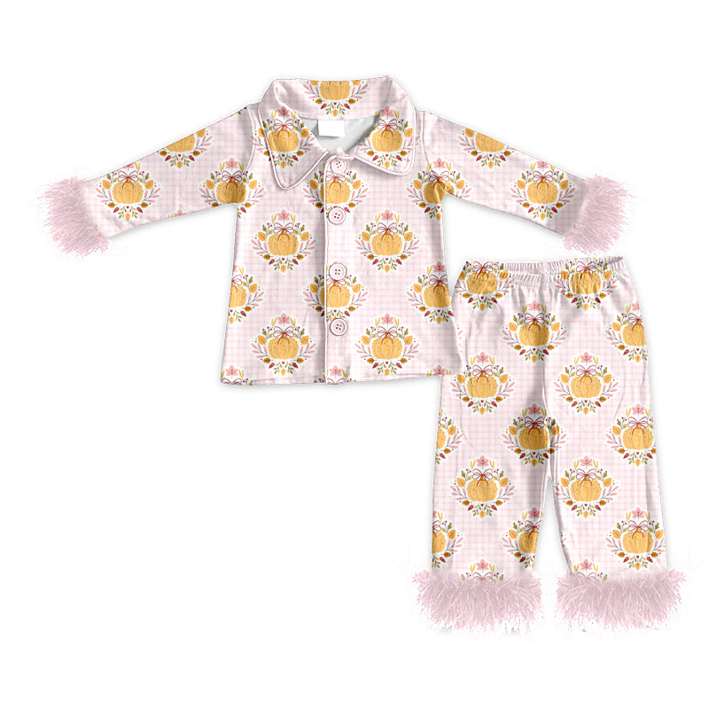 Baby Girls Flowers Pumpkins Button Top Pants Fall Fur Pajamas Sets Preorder