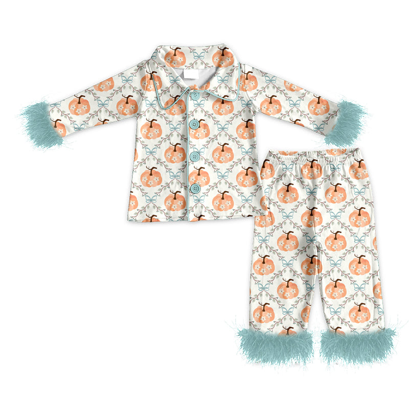 Baby Girls Flowers Pumpkins Button Top Pants Fall Fur Pajamas Sets Preorder