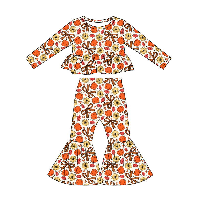 Baby Girls Bows Pumpkins Flowers Top Bell Bottom Pant Fall Clothes Sets Preorder