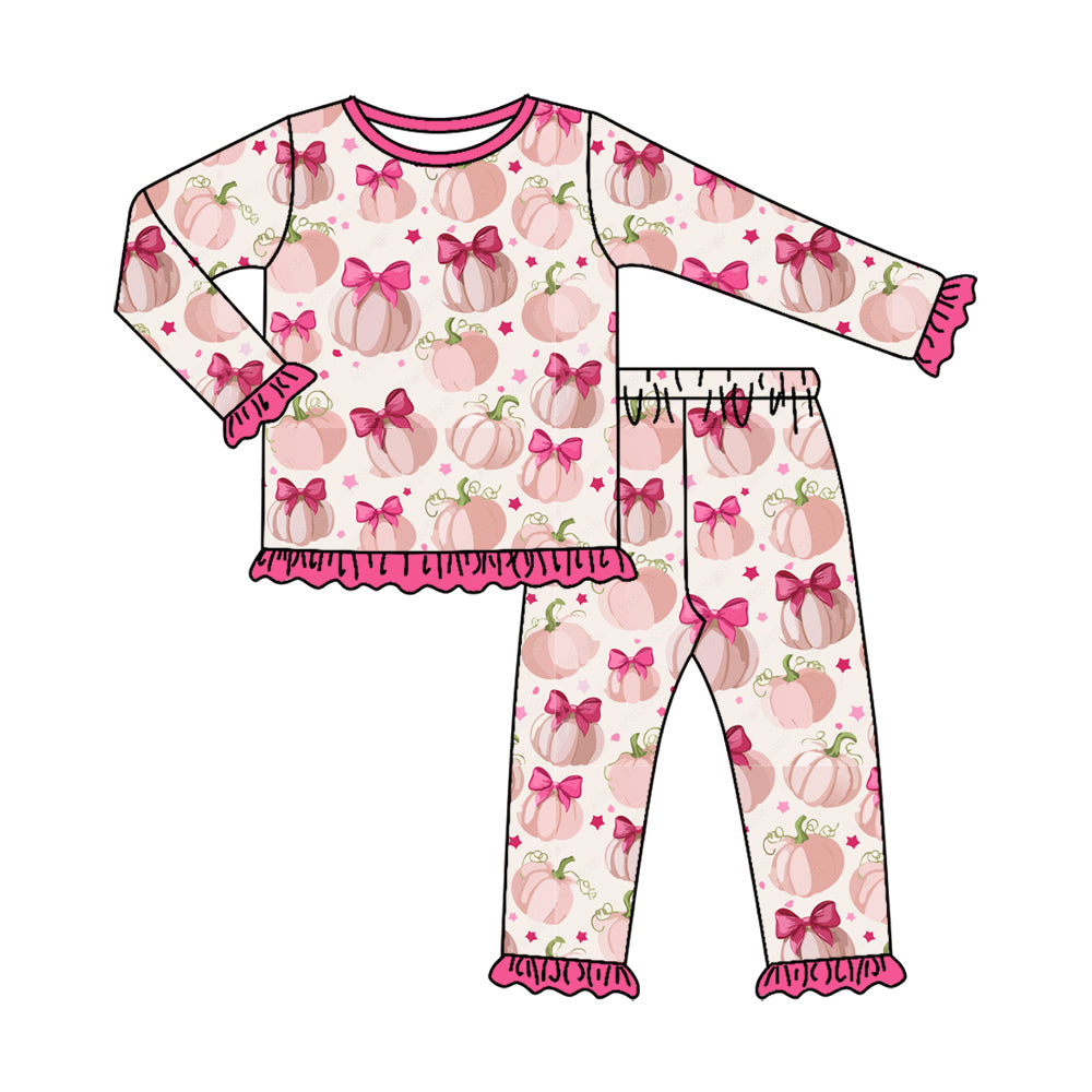 Baby Girls Pink Bows Pumpkins Top Ruffle Pant Fall Pajamas Sets Preorder