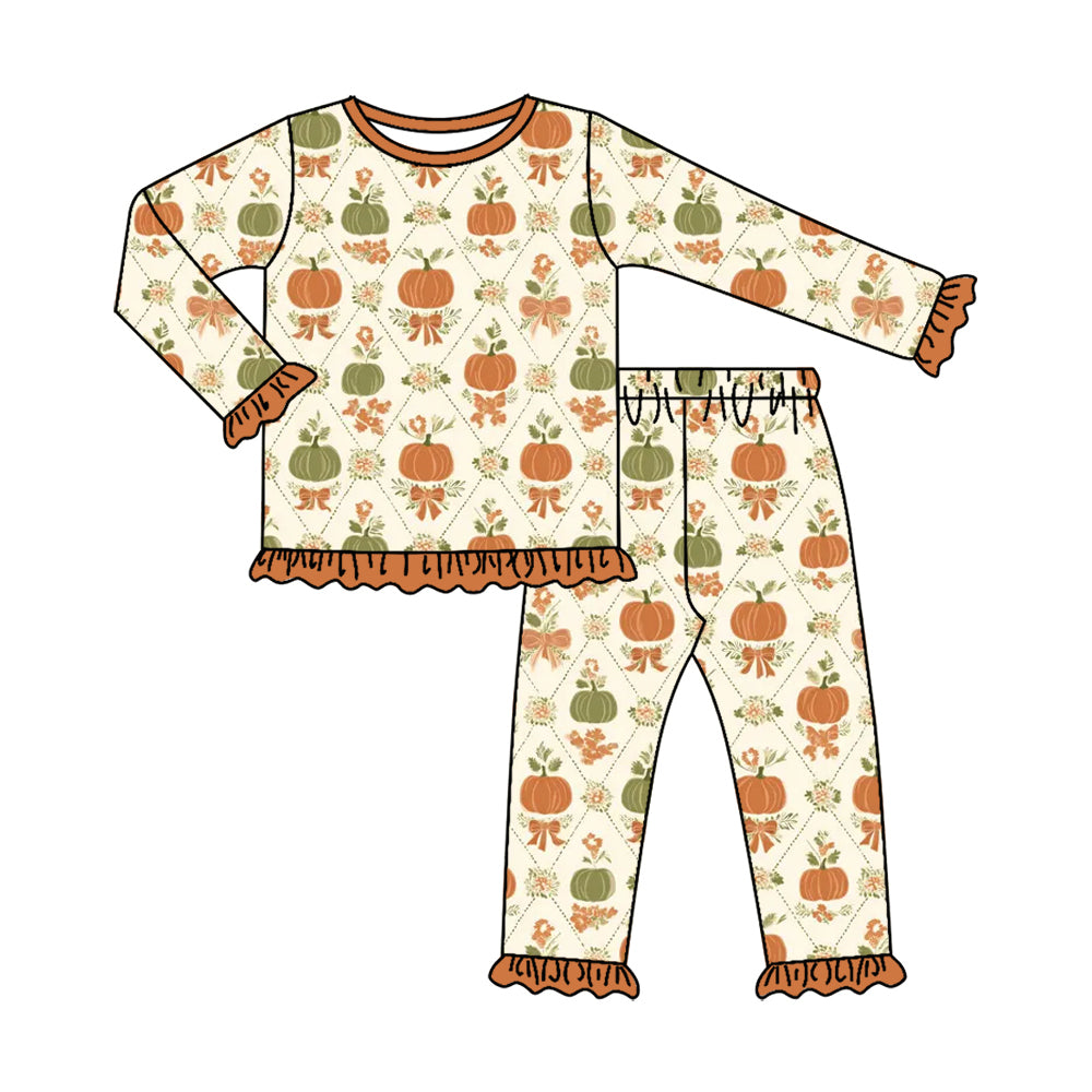 Baby Girls Bows Flowers Pumpkins Top Ruffle Pant Fall Pajamas Sets Preorder