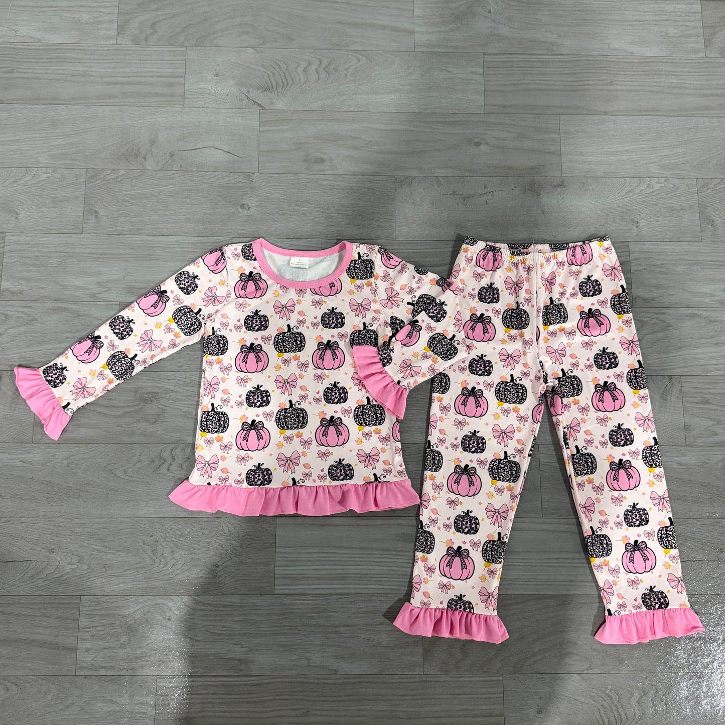 Baby Girls Bows Leopard Pumpkins Top Ruffle Pant Fall Pajamas Sets