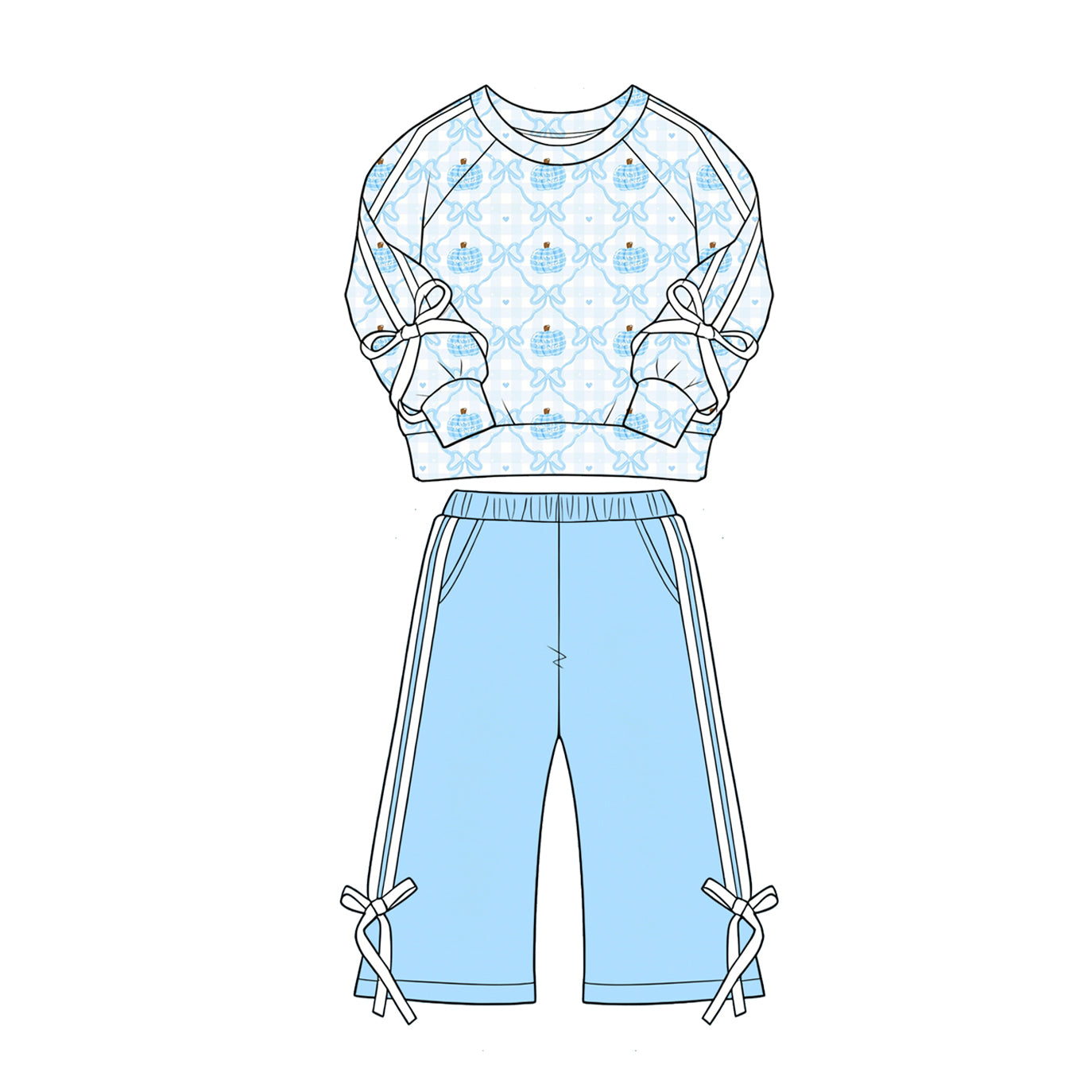 Baby Girls Blue Bows Pumpkins Top Pockets Flare Pant Fall Clothes Sets Preorder