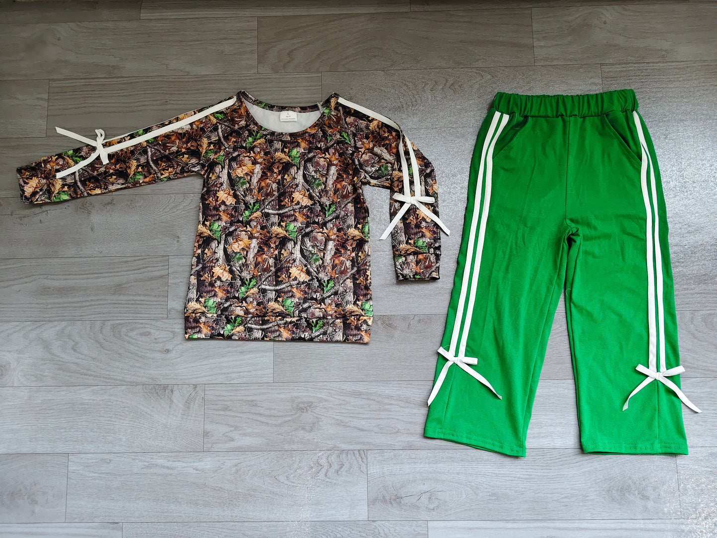 Baby Girls Long Sleeve Leaves Camo Top Pockets Bows Pant Clothes Sets