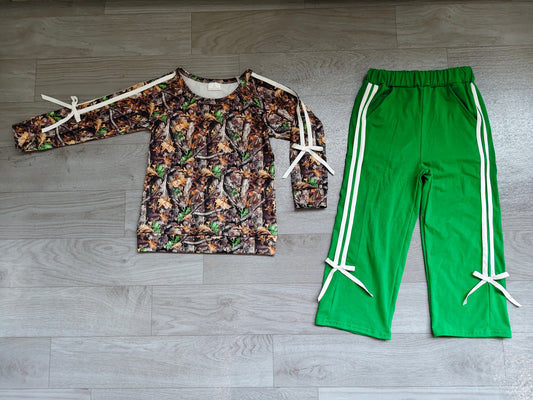 Baby Girls Long Sleeve Leaves Camo Top Pockets Bows Pant Clothes Sets