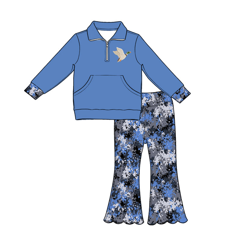 Baby Girls Blue Ducks Pocket Zip Pullovers Scallop Flare Pants Hunting Clothes Sets Preorder