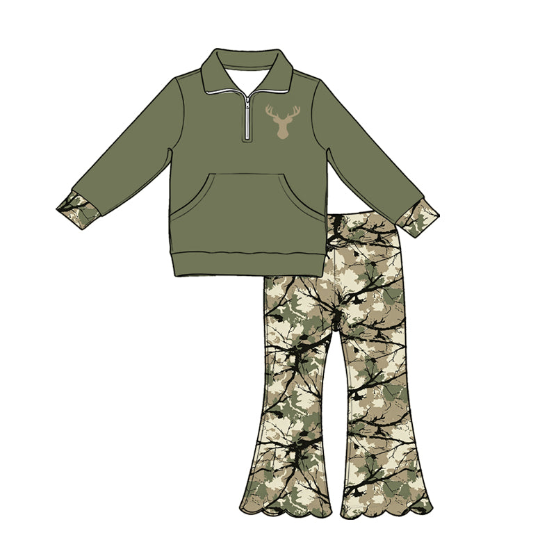 Baby Girls Green Deer Pocket Zip Pullovers Scallop Flare Pants Hunting Clothes Sets Preorder
