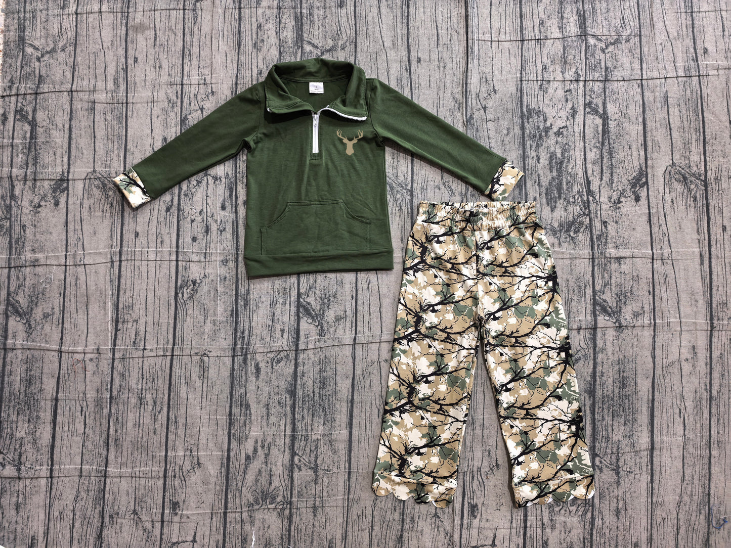 Embroidery Deer Baby Girls Green Pocket Zip Pullovers Scallop Pants Hunting Clothes Sets Preorder