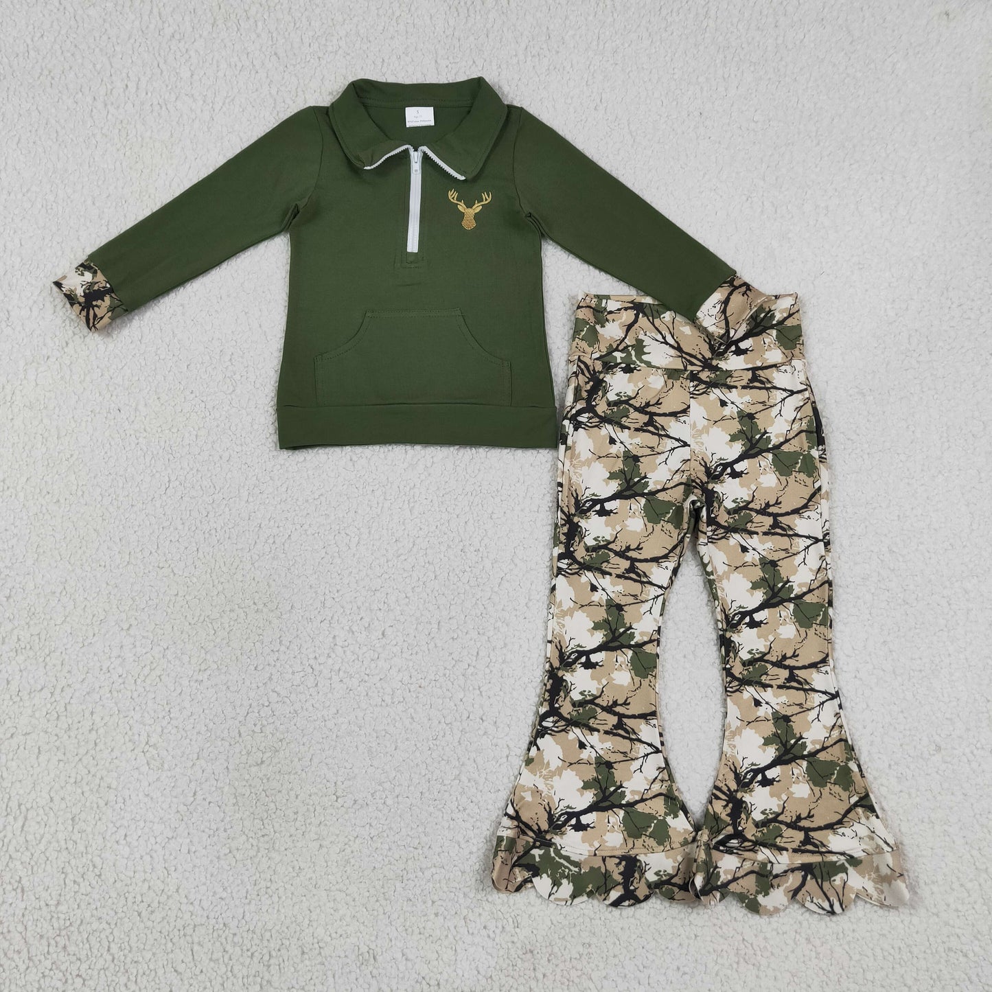 Embroidery Deer Baby Girls Zip Pocket Pullovers Scallop Bell Bottom Pants Hunting Clothes Sets