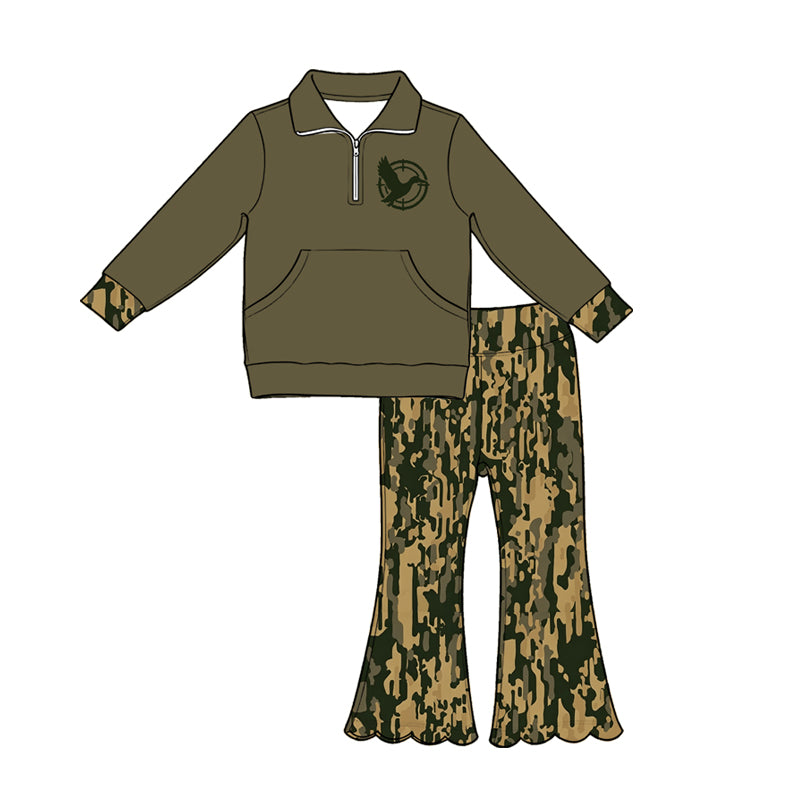 Baby Girls Olive Ducks Pocket Zip Pullovers Scallop Flare Pants Hunting Clothes Sets Preorder