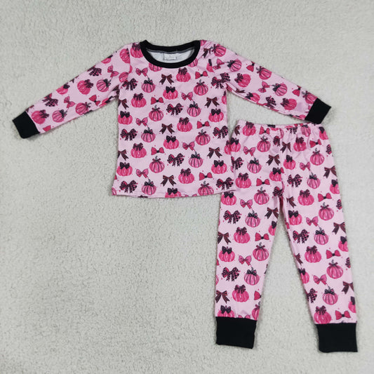 Baby Girls Pink Bows Pumpkins Top Pant Fall Pajamas Sets