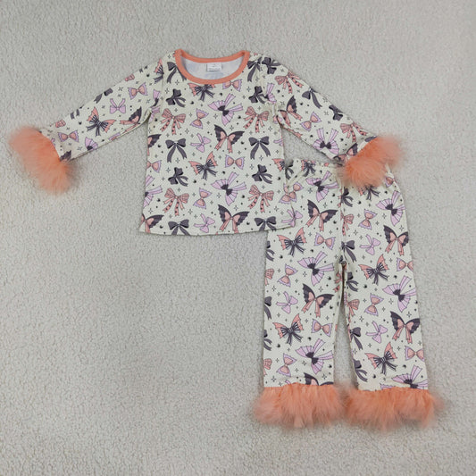 Sibling Baby Girls Ghost Bows Fur Sleeves Pant Halloween Pajamas Set Ruffle Zip Rompers