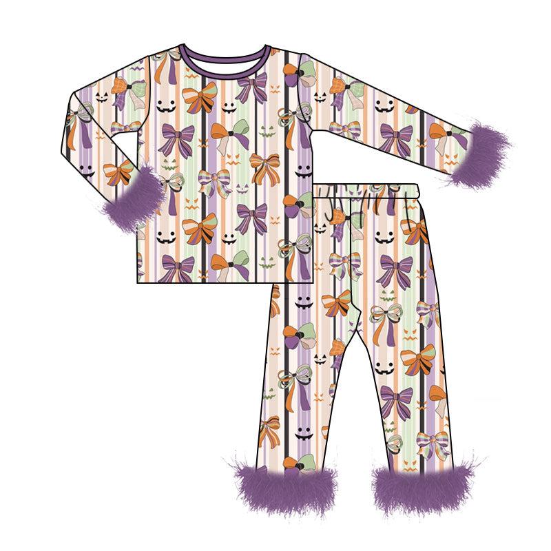 Baby Girls Bows Ghosts Stripe Fur Sleeves Top Pants Halloween Pajamas Sets Preorder