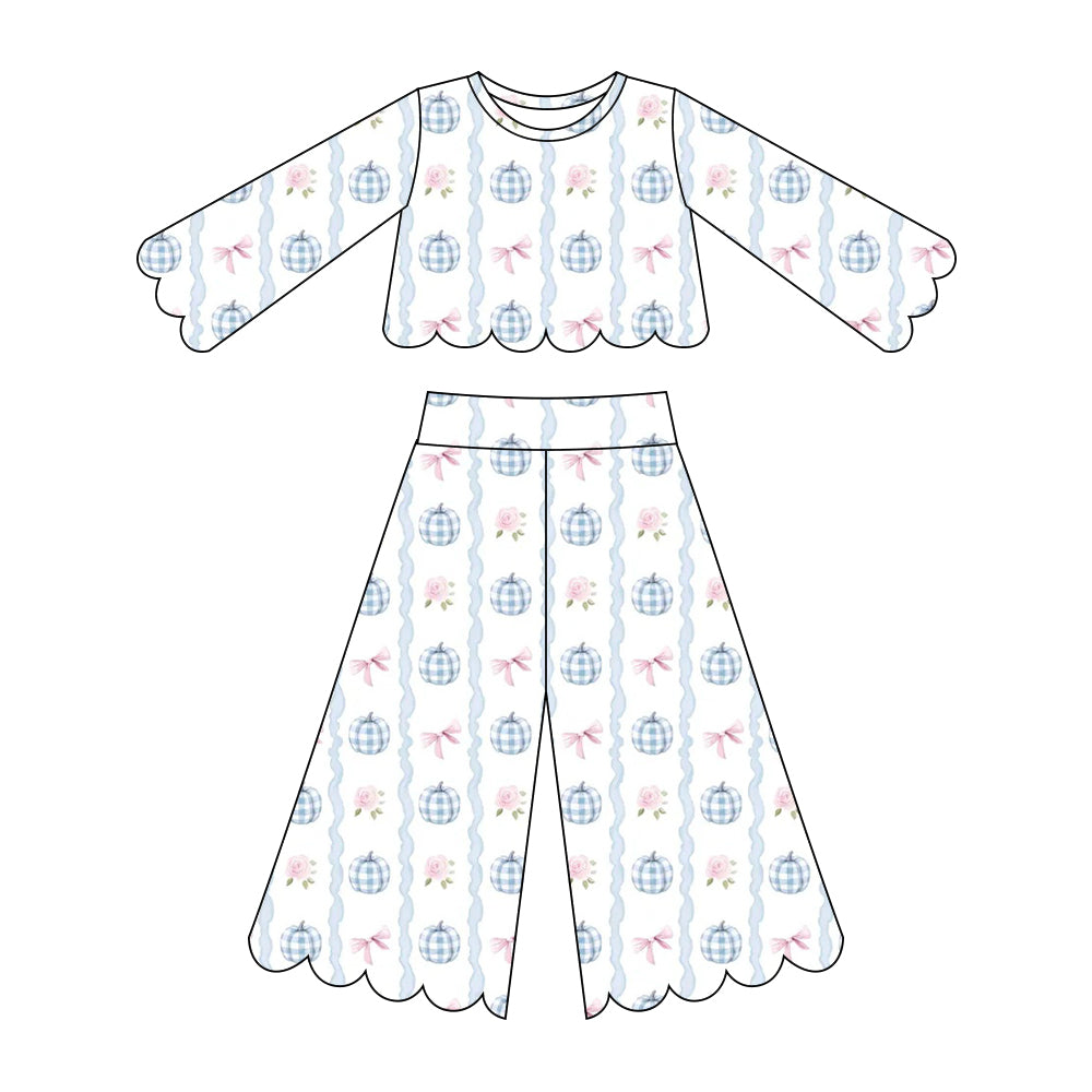 Baby Girls Bows Pumpkins Stripe Top Flare Pants Scallop Fall Clothes Sets Preorder