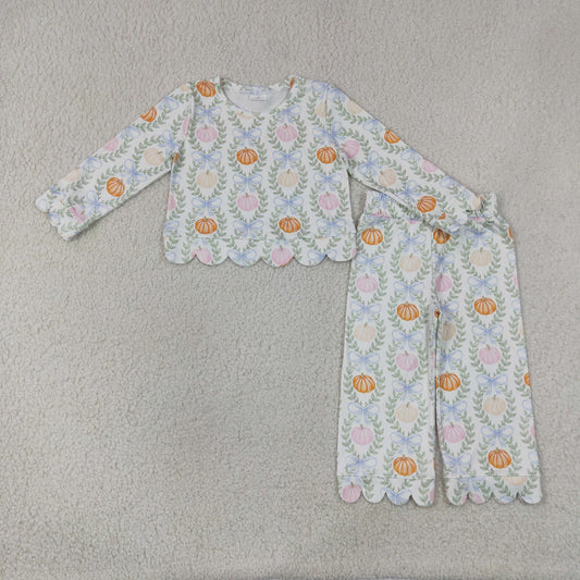 Baby Girls Flowers Pumpkins Checked Top Flare Pants Fall Scallop Clothes Sets