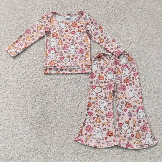 Baby Girls Flowers Ghosts Shirt Top Flare Pant Halloween Clothes Sets