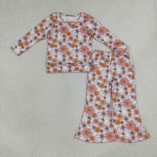 Sibling Baby Girls Ghost Pumpkins Flowers Top Flare Pant Halloween Set
