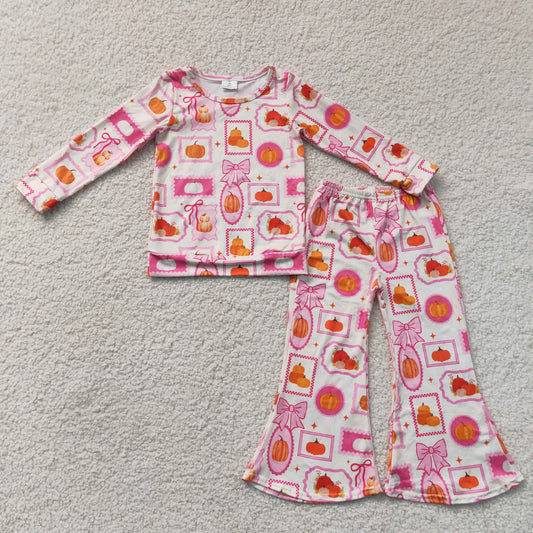 Baby Girls Bows Pumpkins Checked Top Flare Pant Fall Clothes Sets