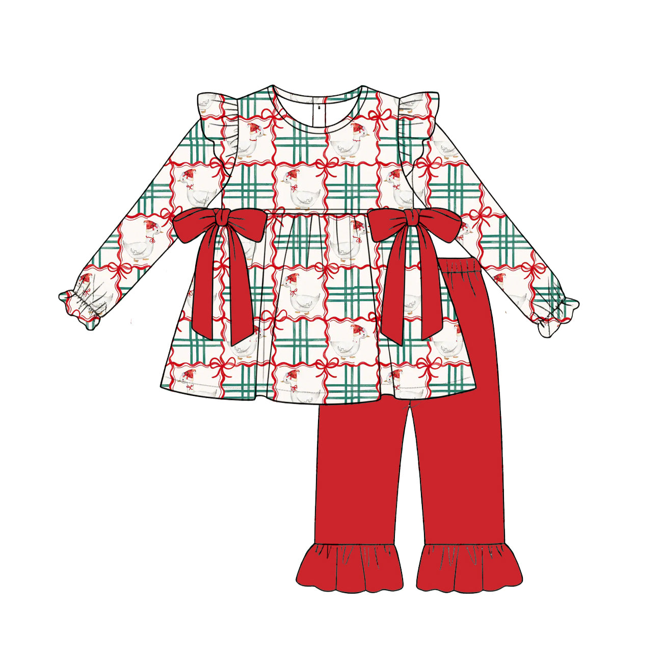 Baby Girls Bows Gooses Checked Tunic Ruffle Pant Fall Clothes Sets Preorder