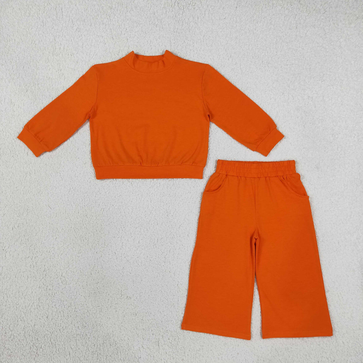 Mama and Me Girls Orange Long Sleeves Choker Shirts Pockets Flare Pant Clothes Sets