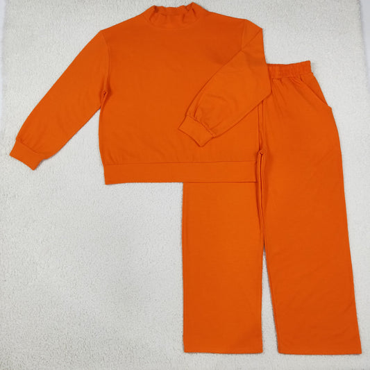 Mama and Me Girls Orange Long Sleeves Choker Shirts Pockets Flare Pant Clothes Sets
