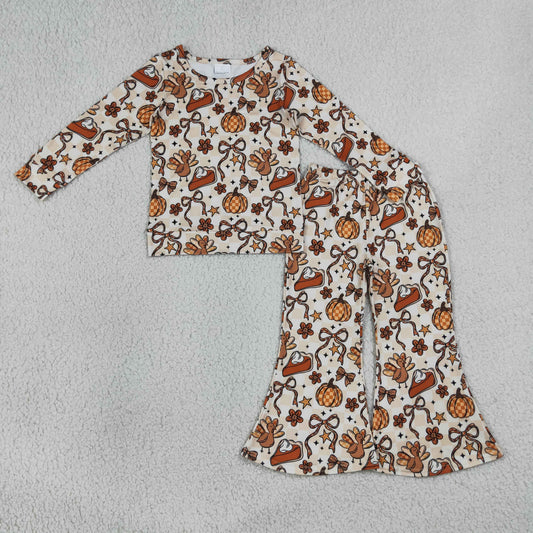 Sibling Baby Girls Bows Pumpkins Turkey Flare Pant Thanksgivings Zip Pullover Set Rompers