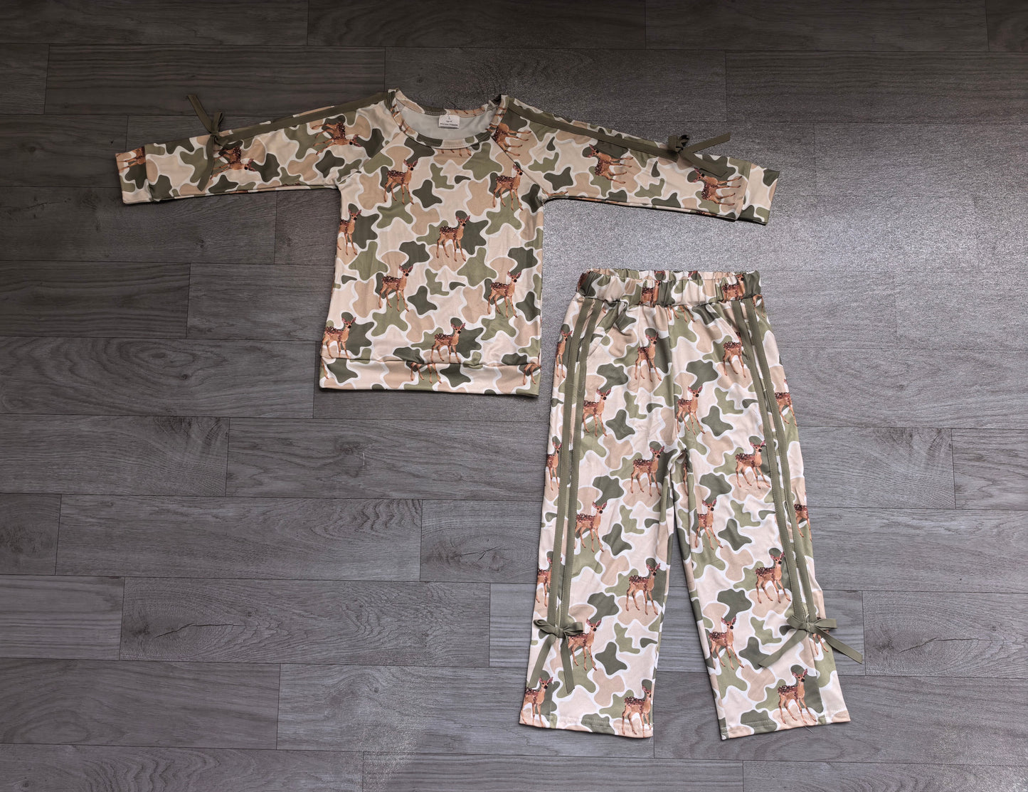 Baby Girls Green Camo Deer Top Pockets Bows Pant Christams Clothes Sets